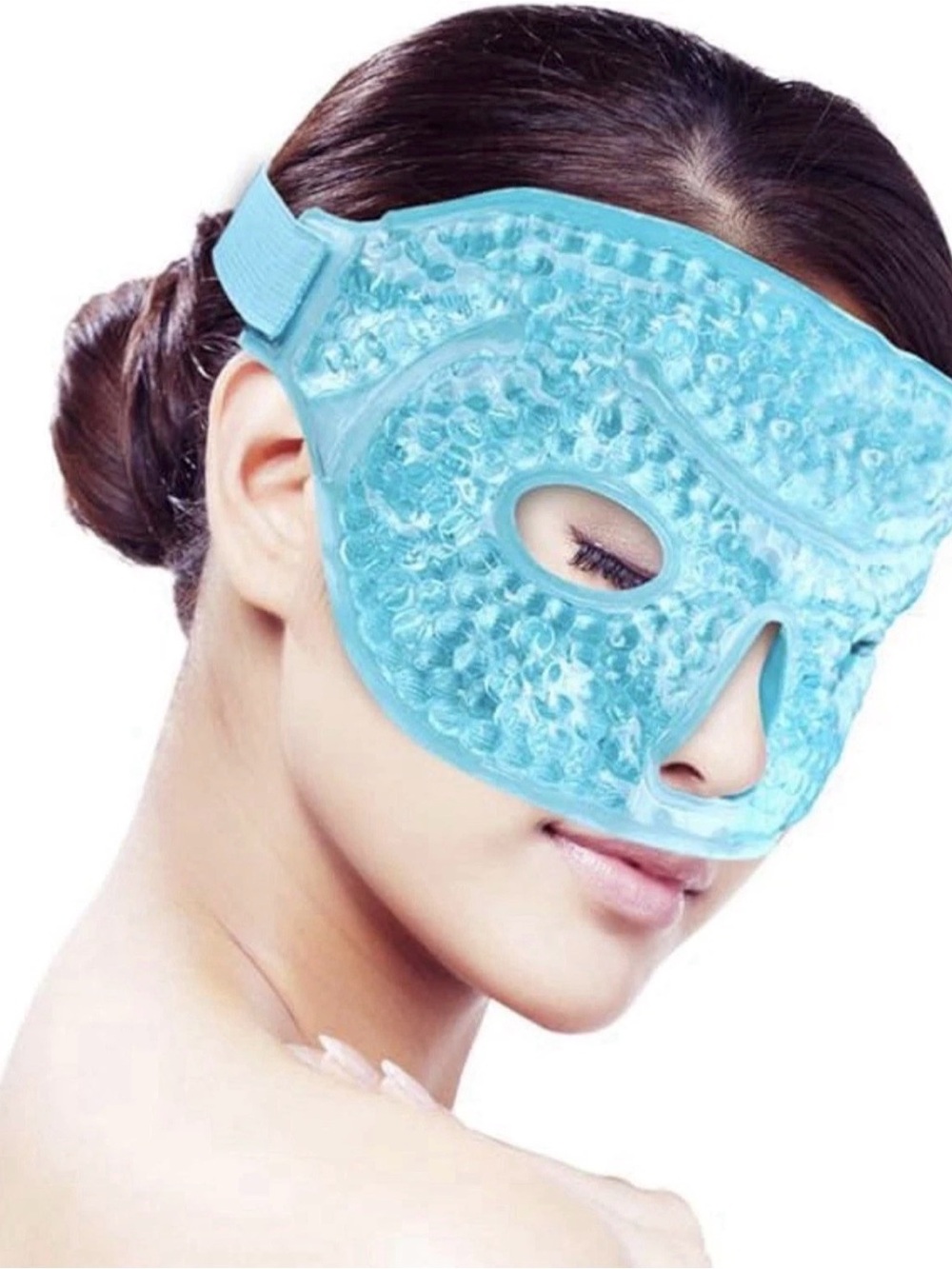 New! Hot /Cold Therapy Full Face Mask Reusable Blue Gel Ice Mask Soft Plush Back